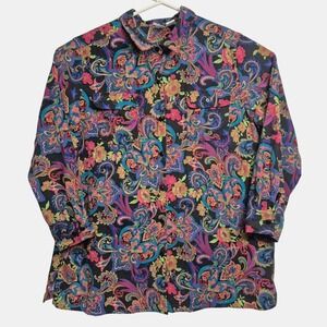 Vintage Roamans Womens X Paisley Print Button Front Long Sleeve Collared